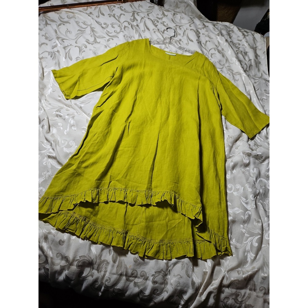 Bryn Walker Linen Dress Chartreuse Seraphina Shift Lagenlook Ruffle Minimalist L